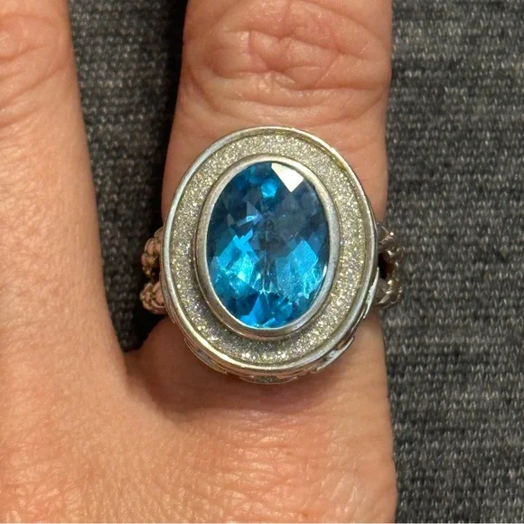 Sterling Silver Oval Blue Topaz Gemstone Ring w Braided & Chain Band, Sz 8 - Picture 2 of 8
